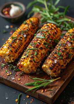 Food illustration, grilled sweet corn, lying on an old rustic plate, unusual background. It is very beautiful and appetizing. Restaurant menu. Homemade food. Rosemary and spices.