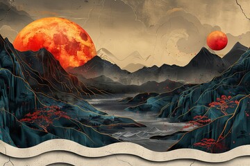 The Japanese pattern of the line waves on the background is modernized. The template has an abstract geometric pattern and has a mountain layout design with an oriental feel. - obrazy, fototapety, plakaty