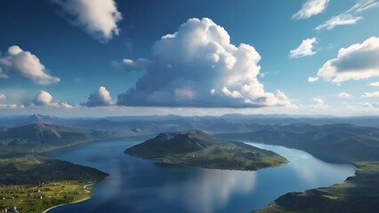 Fototapeta premium Lake under Summer Sky with Clouds Reflection, background landscape
