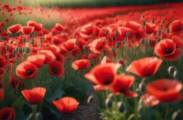 Sunset over poppy field on countryside. Selective focus.