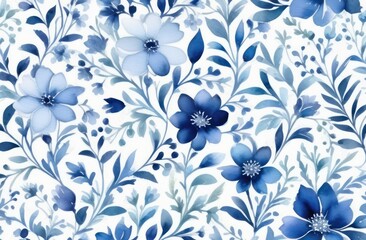 Seamless watercolor blue colour floral pattern on a white background 