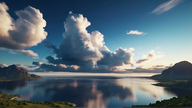 Lake under Summer Sky with Clouds Reflection, background landscape
