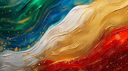 Vivid Abstract Painting With Swirls Of Emerald Green, Gold, And Crimson Red, Dynamic And Luxurious. Mexican flag colors, Cinco de Mayo, AI Generated