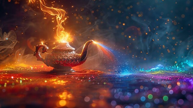 A dessert djinni emerging from a lamp, granting wishes of rainbow delights