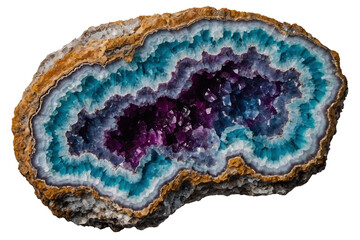 blue geode stone with purple mineral crystals on transparent png - obrazy, fototapety, plakaty