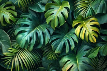An abstract foliage and botanical background showing monstera leaves, palm leaves, and branches in a hand drawn pattern. An exotic plants background suitable for banners, prints, decor, and wall art.