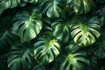 Background of exotic plants with abstract foliage and botanical design. Hand-drawn hand-painted monstera leaves, palm leaves, branches. Perfect for banners, prints, decor, and wall art.
