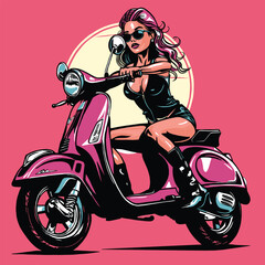 Fototapeta na wymiar Punk girl driving scooter, rebel on the wheels