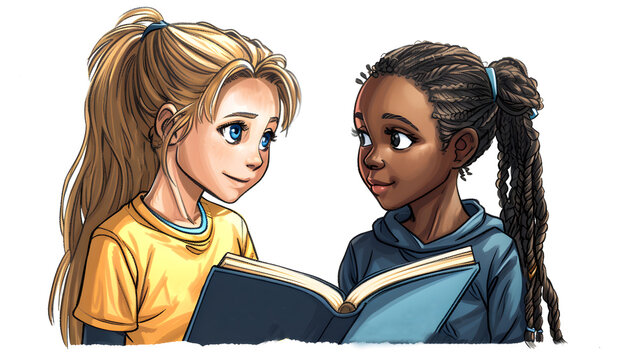 Illustration of two young girls sharing a book; library graphics; diversity and understanding theme
