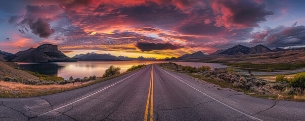 Journey to Dusk: Scenic Road Leading Towards a Sunset by the Mountains - obrazy, fototapety, plakaty