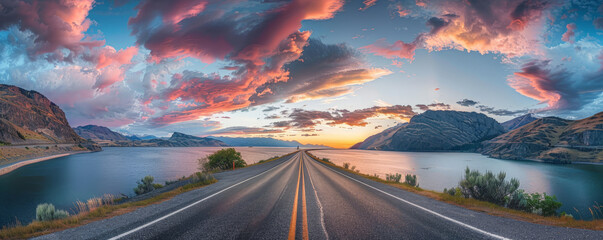 Journey to Dusk: Scenic Road Leading Towards a Sunset by the Mountains - obrazy, fototapety, plakaty