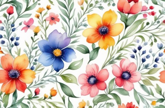 Seamless watercolor multi colour floral pattern on a white background 