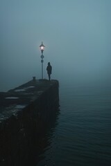 Enigmatic stranger standing at the edge of a misty pier holding a nautical compass with the sea whispering secrets - obrazy, fototapety, plakaty