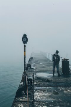 Enigmatic stranger standing at the edge of a misty pier holding a nautical compass with the sea whispering secrets