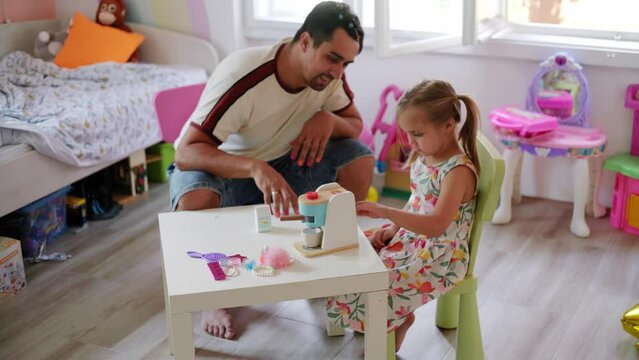 Daughter and father role-playing coffee shop