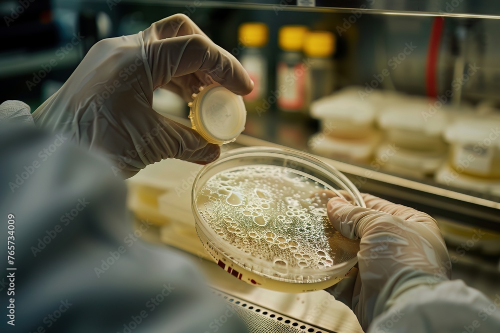 Poster a closeup of a lab worker examining a petri dish in a pharmaceutical quality control lab emphasizing
