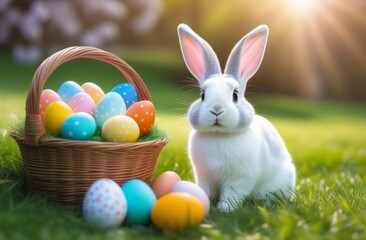 Easter bunny sitting in a basket with colored eggs. Easter
