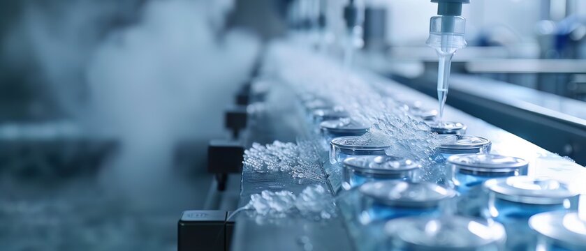 A closeup of a freezedrying process in pharmaceutical manufacturing showcasing the technique for stabilizing biopharmaceuticals