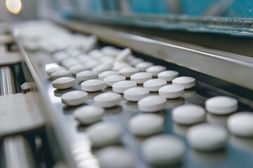 A closeup of a tablet coating process showing the final steps in solid dosage form production - obrazy, fototapety, plakaty