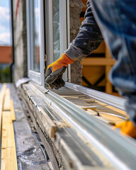 A closeup of a worker installing a window frame showing the detail and accuracy needed in fitting building elements