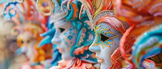 A closeup of intricate carnival decorations and textures, focusing on patterns and colors