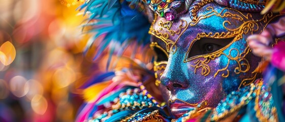 A closeup of intricate carnival decorations and textures, focusing on patterns and colors