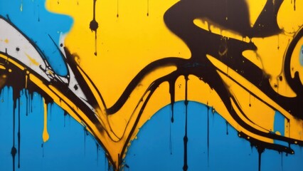 Colorful street art graffiti background. Brown, blue, yellow colors. Abstract wall surface with colorful drips, flows, streaks of paint and paint sprays
