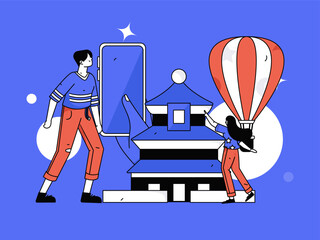 Holiday travel travel characters internet background vector hand drawn illustration
