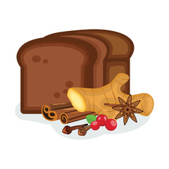 Gingerbread loaf icon vector isolated on a white background. Sweet delicious bread with cinnamon, cloves, ginger, star anise vector illustration. Gingerbread loaf with spice graphic design element