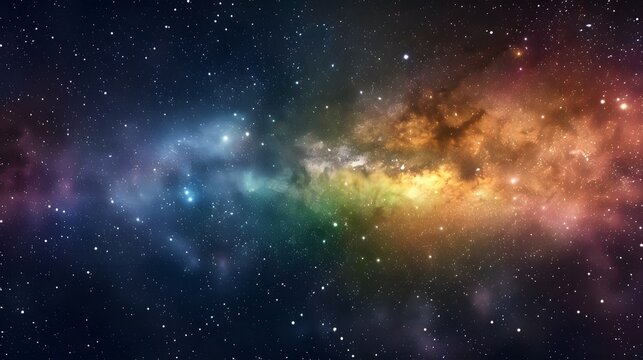 Vivid space scene with vibrant nebula and stars, horizontal rainbow colors, colorful milky way galaxy backdrop