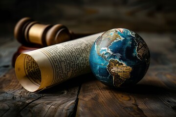 A scroll of laws unfurling over a globe, depicting the worldwide impact of legal decisions - obrazy, fototapety, plakaty