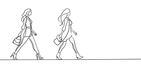 Two models walk continuous line art drawing isolated on white background. Background for the store. Black and white. Vector illustration