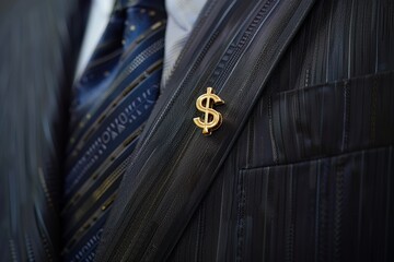 A suit with a lapel pin of a dollar sign, symbolizing the merger of wealth and power in political corruption - obrazy, fototapety, plakaty