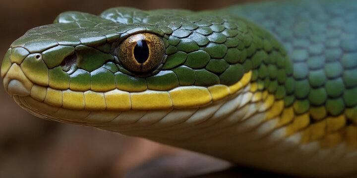 macro photograph of a green and yellow snake 