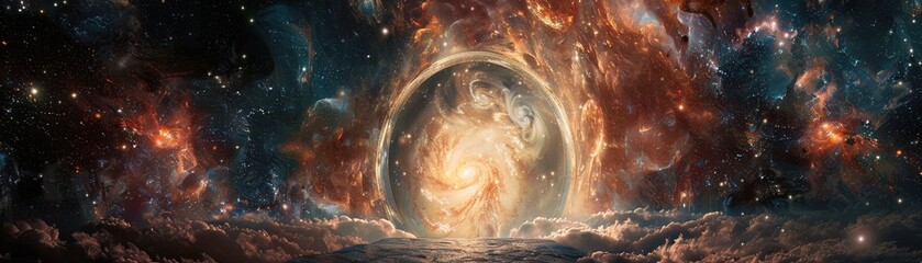 An ancient portal opens to a cosmic event, where stars and nebulas converge in mystic harmony