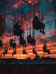 An atmospheric shot of a carnival at dusk, with silhouetted rides against a fiery sunset