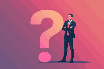 Businessman with question mark, problem solving and creative solution concept, vector illustration. - obrazy, fototapety, plakaty