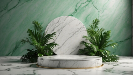 White marble podium mockup against a summer background. 3D render with green plant accents, ideal for product presentations or art displays.