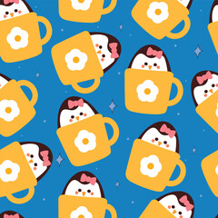 seamless pattern cartoon penguin inside a cup. cute animal wallpaper illustration for gift wrap paper