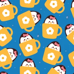 Fotobehang seamless pattern cartoon penguin inside a cup. cute animal wallpaper illustration for gift wrap paper © PIPIOREN