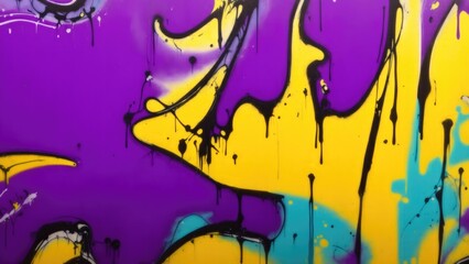 Colorful street art graffiti background. Purple, blue, yellow colors. Abstract wall surface with colorful drips, flows, streaks of paint and paint sprays