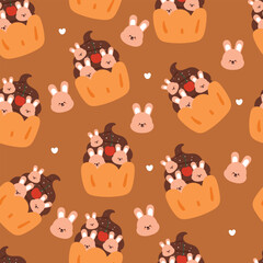 seamless pattern cartoon bunny and cupcake. cute animal wallpaper for textile, gift wrap paper