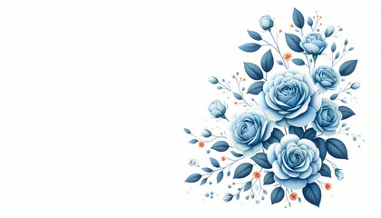 A delicate blue floral arrangement in the far right corner against a pure white background - obrazy, fototapety, plakaty