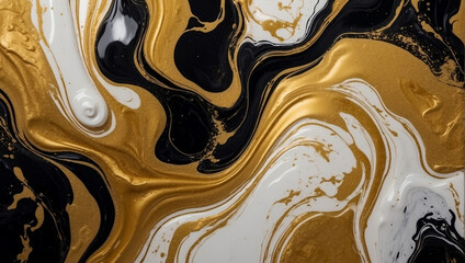 Luxurious black marble backdrop with abstract gold accents resembling fluid art. Modern design perfect for wallpapers or artistic representations of nature.