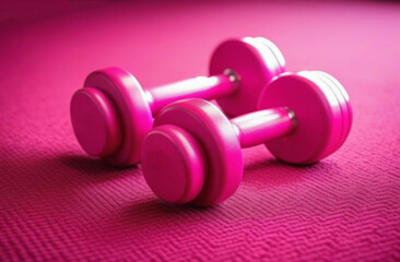 Pink dumbbells lie on a yoga mat tape of measuring waist size Pink background.Slimming, yoga, sports,healthy diet