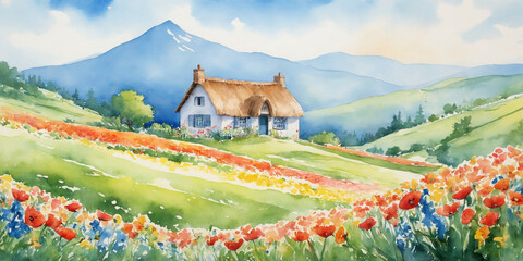 a watercolor painting of a house in a field of flowers,  - obrazy, fototapety, plakaty