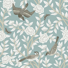 Vintage botanical garden tree, birds, butterfly floral seamless pattern blue background. Exotic chinoiserie wallpaper.