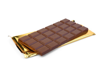 Milk chocolate with milk filling and caramel isolated on white background.