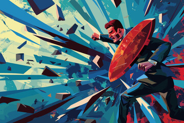 Businessman with shield fighting off multiple punch attacks, resilience and courage in the face of business threats and competition, surviving adversity to achieve success concept vector. - obrazy, fototapety, plakaty