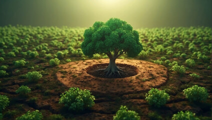 Contrasting greenery against arid landscapes symbolizes climate change. A lone tree amidst barren land emphasizes the urgent need for environmental preservation. - obrazy, fototapety, plakaty
